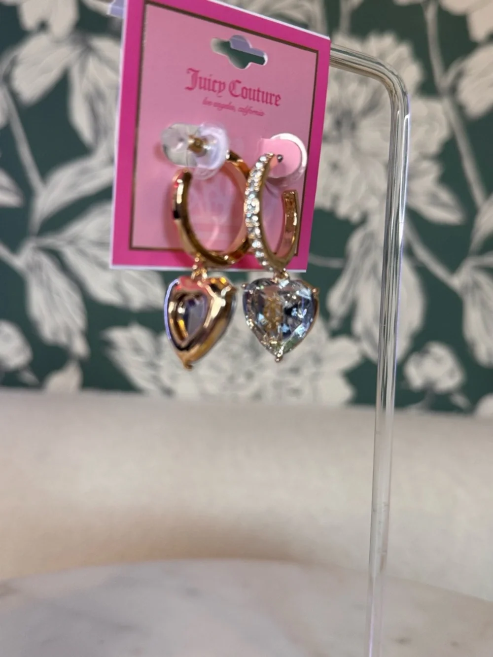 Juicy Couture Gold Hoop Earrings with Clear Teardrop Crystal Drops NWT